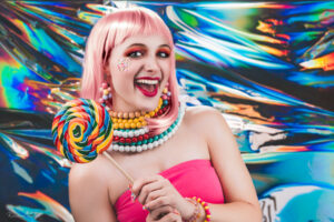 A High School Senior from Heritage poses with candy for her senior portraits